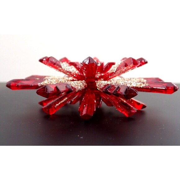 Vintage Ruby Red Gold Glitter Holiday Red 3D Snowflake Christmas Ornament 4.5" - Picture 5 of 9